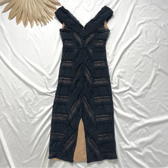 Cinq à Sept Aveline Lace Black Sheath Off Shoulder Midi Knee Length Dress Size 4 - Picture 5 of 6